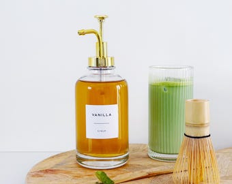Clear Glass Syrup Bottle With Gold Pump Dispenser