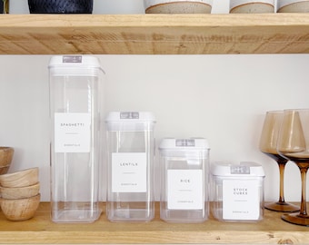 Square Clear Plastic Storage Jar With White Airtight Flip Lock Lid - White Waterproof Minimalist Font Personalised Label - Choice Of Sizes