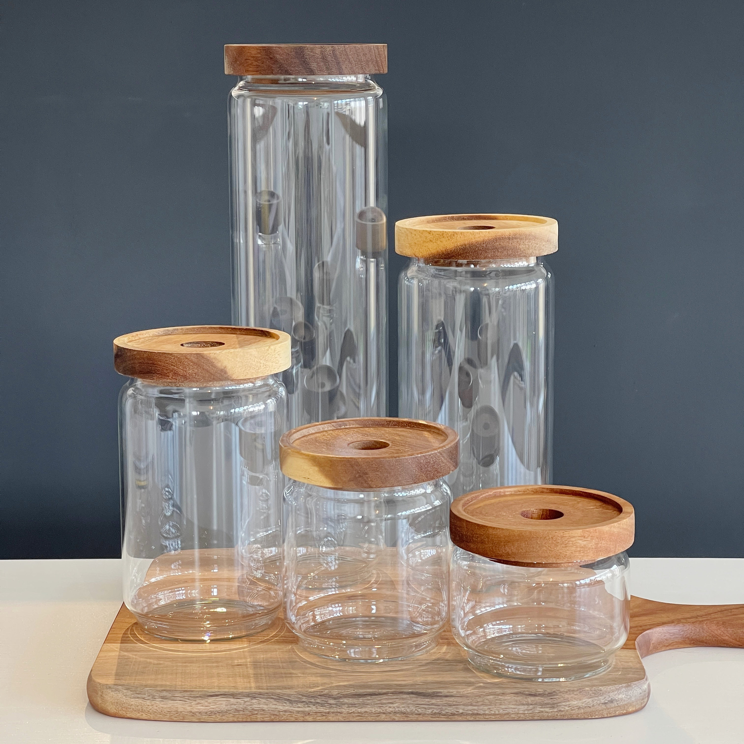 Acacia Wood Glass Kitchen Storage Jar 2L for Pantry Organisation