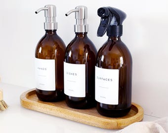 Set Of 3 Amber Bottles - Glass Or Plastic - Hands, Dishes And Surfaces - Metal Pump Dispensers & Trigger Spray