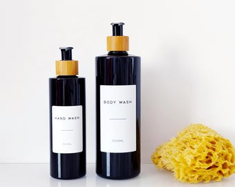Refillable Black Bottle With Bamboo Pump – Personalised Waterproof Label - Choice Of Sizes
