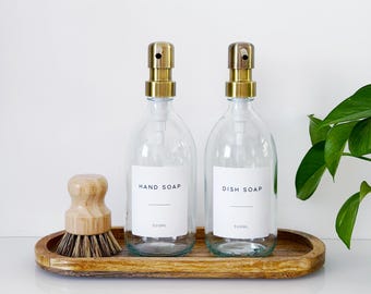 Set Of 2 Clear Bottles - Glass Or Plastic - Hand Soap & Dish Soap - Brushed Gold Metal Pumps