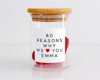 60 Reasons Why I/We Love You Jar - Personalised - 60th Birthday Gift - Optional Hearts