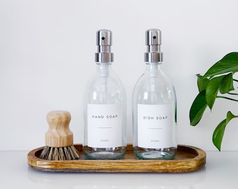 Set Of 2 Clear Bottles - Glass Or Plastic - Hand Soap & Dish Soap - Silver Metal Pumps