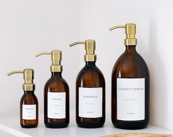 Personalised Amber Glass Or Plastic Bottle - Waterproof Label And Brushed Gold Metal Pump - Kitchen & Bathroom