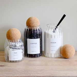 Rippled Cork Ball Glass Storage Jar With Optional Personalised White Waterproof Minimalist Label - Refillable Storage - Choice Of 4 Sizes