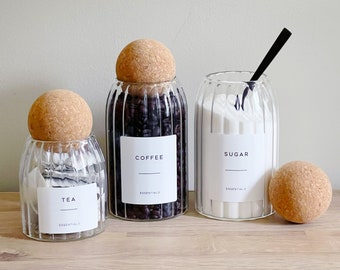 Rippled Cork Ball Glass Storage Jar With Optional Personalised White Waterproof Minimalist Label - Refillable Storage - Choice Of 4 Sizes