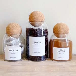 Cork Ball Glass Storage Jar With Optional Personalised White Waterproof Minimalist Label - Refillable Kitchen And Bathroom Jars - 4 Sizes