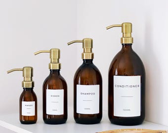 Amber Glass Or Plastic Bottle With Waterproof Label - Brushed Gold Metal Pump - Kitchen & Bathroom