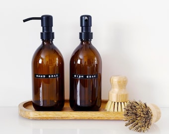 Set Of 2 Amber Bottles - Glass Or plastic - Hand Soap & Dish Soap - Black Metal Pumps