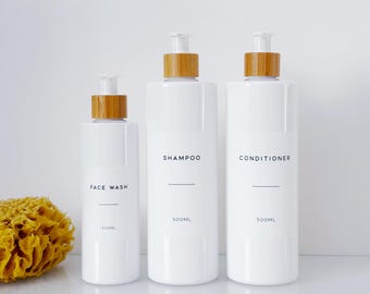Refillable White Bottle With Bamboo Pump – Personalised Waterproof Label - Choice Of Sizes