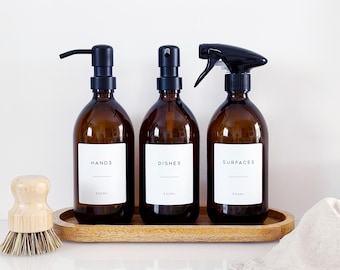 Set Of 3 Amber Bottles - Glass Or Plastic - Hands, Dishes And Surfaces - Metal Pump Dispensers & Trigger Spray