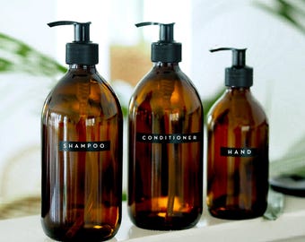 Amber Glass Or Plastic Refillable Bottle With Stamped Label & Pump Dispenser - Kitchen And Bathroom