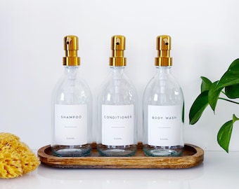 Set Of 3 Clear Bottles - Glass Or Plastic - Shampoo, Conditioner & Body Wash - Gold Metal Pumps