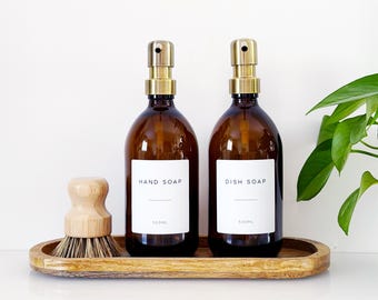 Set Of 2 Amber Bottles - Glass Or Plastic - Hand Soap & Dish Soap - Brushed Gold Metal Pumps