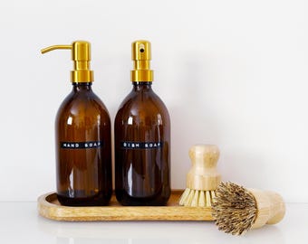 Set Of 2 Amber Bottles - Glass Or plastic - Hand Soap & Dish Soap - Gold Metal Pumps