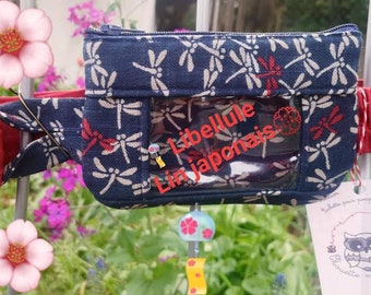 Diabetes pouch "Dragonflies real Japanese linen" adjustable cotton belt.