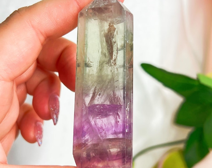 green & purple fluorite tower - translucent, glassy luster