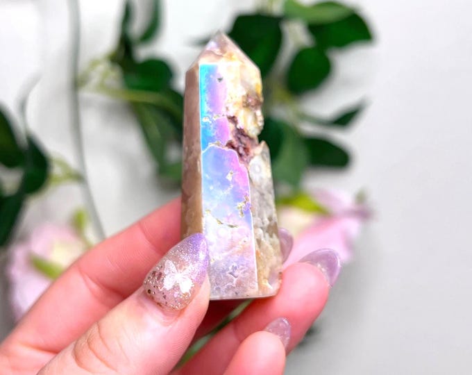 jurassic park angel aura flower agate tower - natural druzy