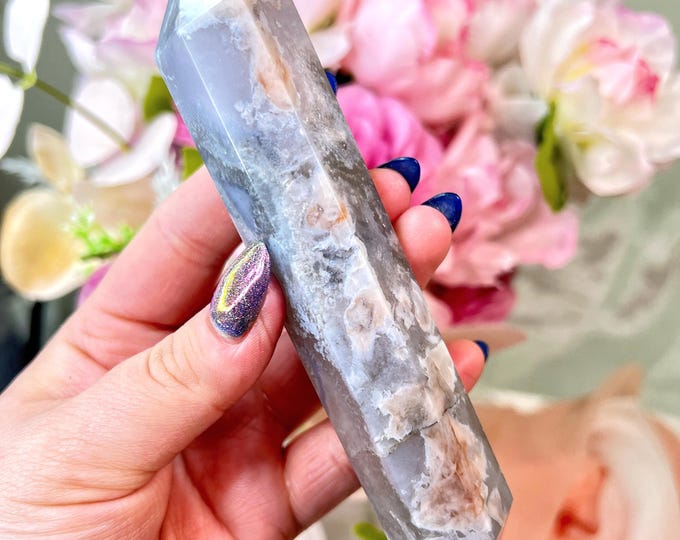 black gray flower agate double terminated point / dt