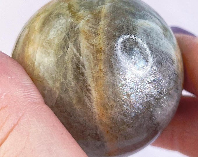 peach moonstone sphere with blue flash & rainbow sunstone sparkles