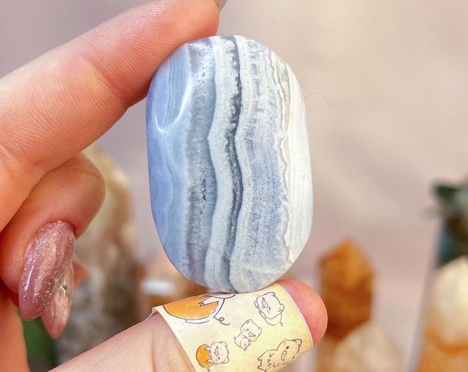 polished blue lace agate palm