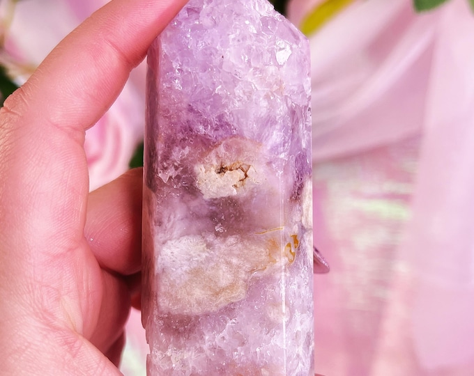 pink amethyst tower with sparkly druzy caves