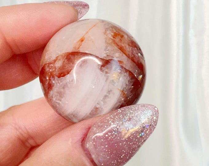fire quartz sphere - glassy polished luster, vivid red iron (hematite) inclusions