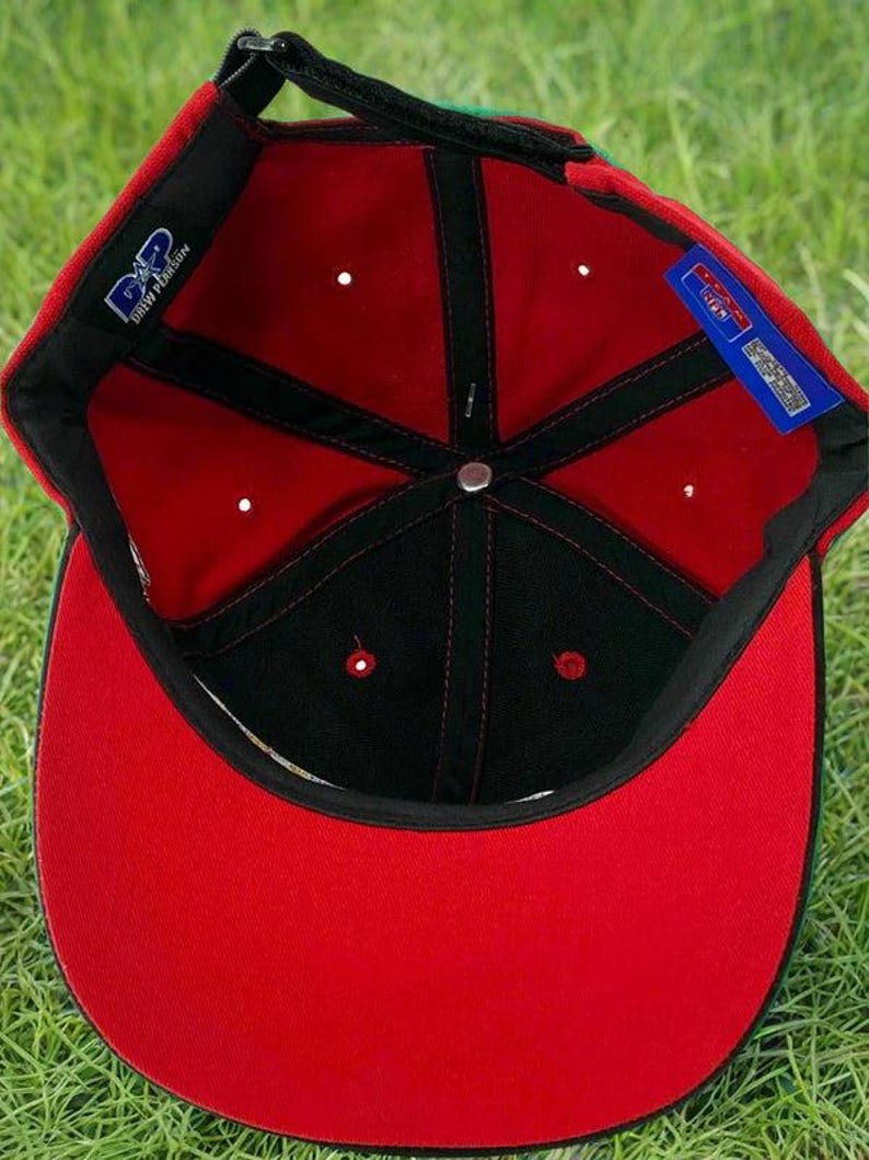 May include: A red and black baseball cap with a curved brim. The interior is red with black stitching and a black band. The cap has a green accent on the back and a small tag with text. The cap is sitting on green grass.