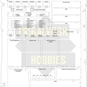 以下が含まれることがあります： 上部にドラゴンが描かれた白黒のキャラクターシート。シートは、名前、クラス、種族、アライメント、スキル、能力、装備など、キャラクター情報のセクションに分けられています。シートはロールプレイングゲーム用に設計されています。