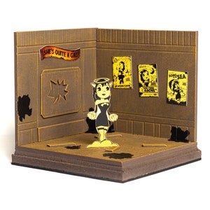 Diorama raffigurante la scena di Alice Angel con Bendy and the Ink Machine, decorazioni per videogiochi horror, esposizione di decorazioni fatte a mano.