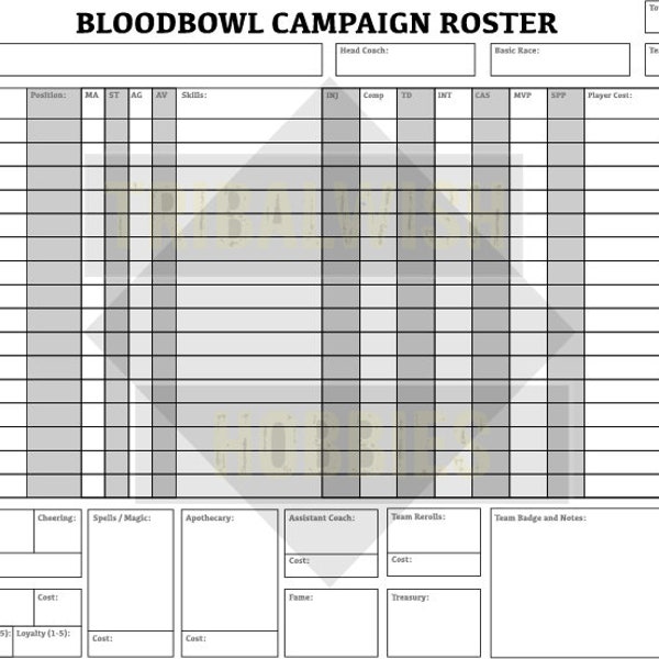 Printable Digital Download Bloodbowl Team Sheet , RPG, DnD, Tabletop, 40k, Bloodbowl, Team Sheet, Dungeons and Dragons, Warhammer, Sports
