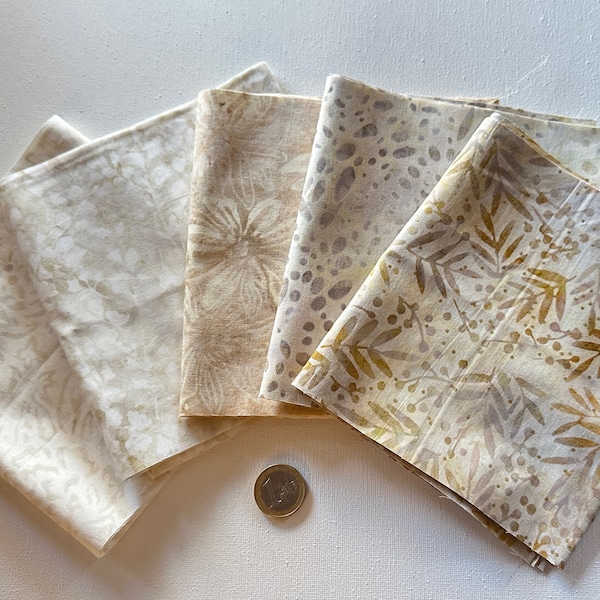 cream Batik fabric pack - 5 pcs 15 cm x 55 cm - beige cream batik fabric assortment - cream patchwork batik fabric