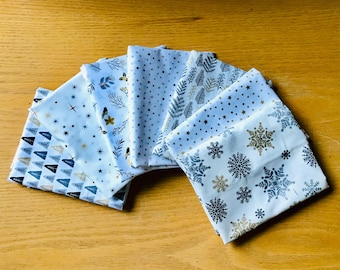 Set of 7 white and gold Christmas fabrics, Christmas coupon assortment, Oeko Tex Christmas fabrics, white Christmas fabric, gift wrapping bag fabric