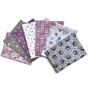 lot 7 coupons pink, blue and parma child fabric, with owl Chouco, patchwork fabrics Oeko Tex 100, wipes, pouches