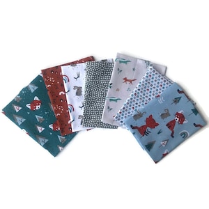 Lot of 7 children&#39;s fabric coupons with fox and rabbits, blue and white, oeko tex fabrics, cottagecore fabrics, fabric pouches, wipes