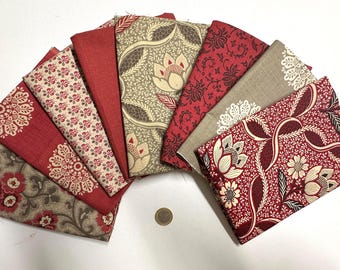 Château Rouge Moda, lot of 7 or 8 fabrics, Moda fabric assortment, Château Rouge patchwork fabrics 26 x 55 cm