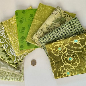 Green fabric pack - 10 pieces 15 cm x 55 cm or 10 x 55 cm - green patchwork fabric assortment