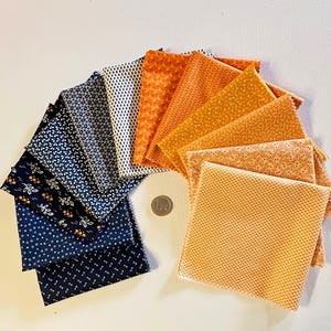 Indigo Cheddar Pack 12 fabrics Andover Fabrics, set of 12 indigo blue and orange patchwork fabrics Indigo and Cheddar collection
