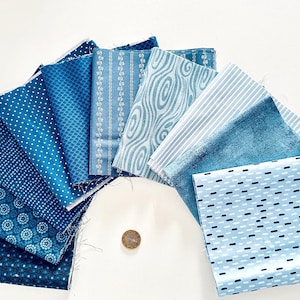 May include: A selection of blue fabric samples arranged in a fan shape. The fabrics display diverse patterns, such as polka dots, floral motifs, stripes, and abstract designs. A coin is visible in the centre. Suitable for quilting or craft projects.
