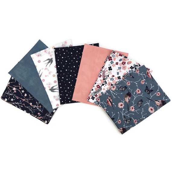 lot 7 coupons tissus cottage bleu et rose avec oiseaux, tissu oeko tex, assortiment tissus