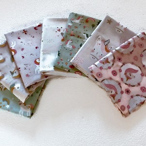 Set 7 coupons pink children&#39;s fabrics, greige, mint, rainbow unicorn fabrics, oeko tex fabrics, cottagecore fabrics, pouch fabric, wipes