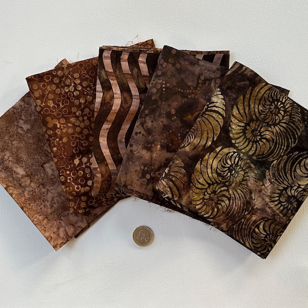 brown Batik fabric pack - 5 pcs 15 cm x 55 cm - brown beige batik fabric assortment - brown patchwork batik fabric