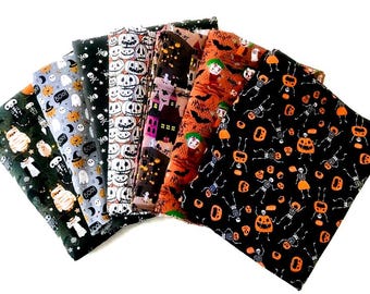 Halloween, Set of 7 assorted Halloween fabrics: orange, grey pumpkins, boo, wipes, Halloween fabrics