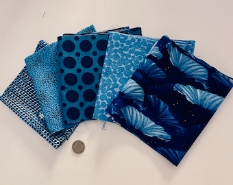 blue patchwork fabric lot - 5 pcs 15 cm x 55 cm - medium blue patchwork fabric assortment