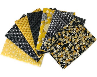 Lot of 7 Japanese fabrics in yellow and black, Oeko-Tex certified, assorted Japanese fabrics, zero-waste sewing fabric, fabric for pouches and wipes