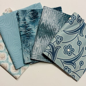 Può includere: Cinque campioni di tessuto in diverse tonalità di blu con motivi diversi. I motivi includono un design geometrico, un motivo ondulato, una scena di foresta, un motivo testurizzato e un motivo floreale.