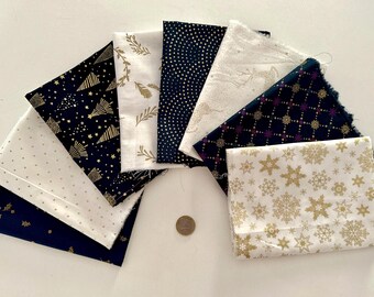 Lot of 8 navy blue, gold and white Christmas fabrics, assortment of patchwork fabrics, Christmas bag fabrics