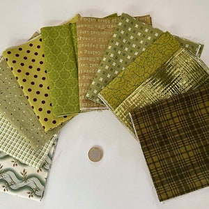 Green fabric pack - 10 pieces 15 cm x 55 cm or 10 x 55 cm - green patchwork fabric assortment