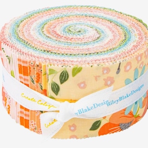 Peut inclure: Un rouleau de bandes de tissu colorées, avec des motifs floraux et géométriques aux couleurs pastel. Le tissu est maintenu par un ruban blanc imprimé avec "Riley Blake Designs" et "Create Color".